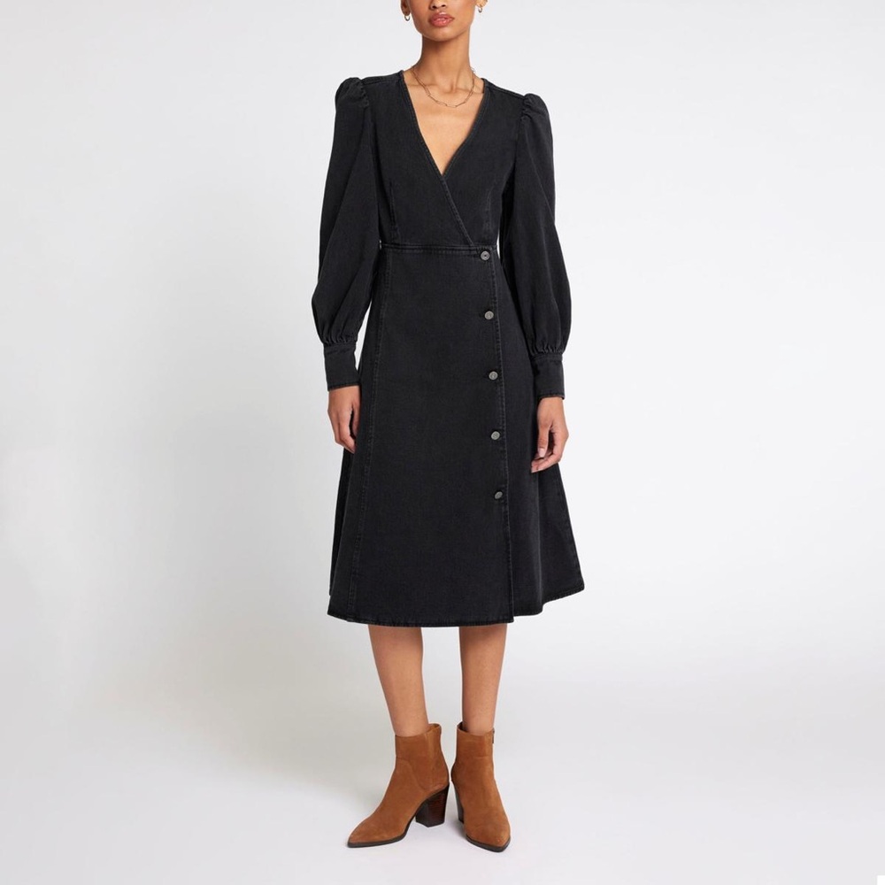 Joie Black Button-Front Puff-Sleeve Wrap Midi Denim Dress